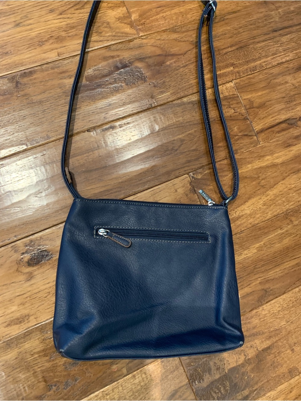 Roots Navy Crossbody Bag with Tan Trim and Silver Hardware